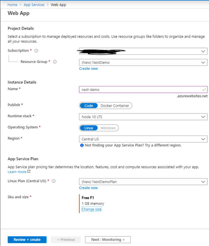 Azure app service running Linux and Node 10