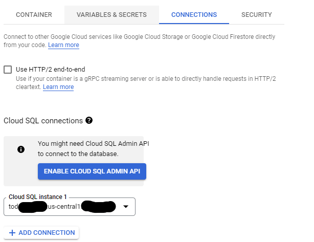 Adding the Google Cloud SQL Connection to the Cloud Run Revision