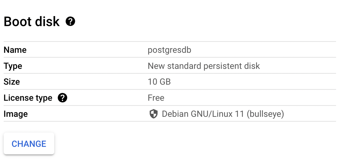 Boot disk information. Note the Type needs changed to Standard Persistent