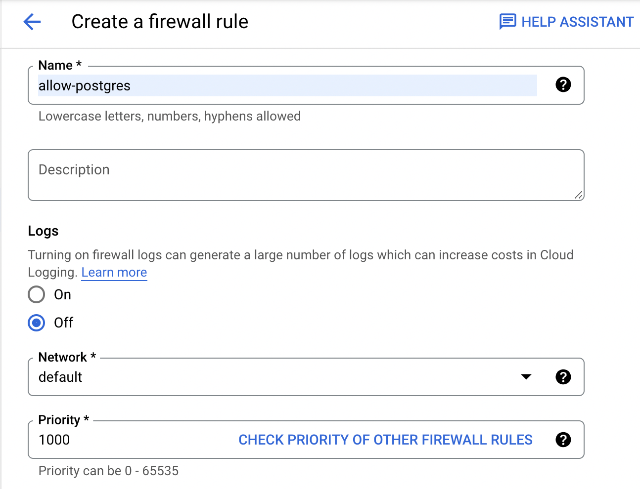 Firewall Name and Network settings.