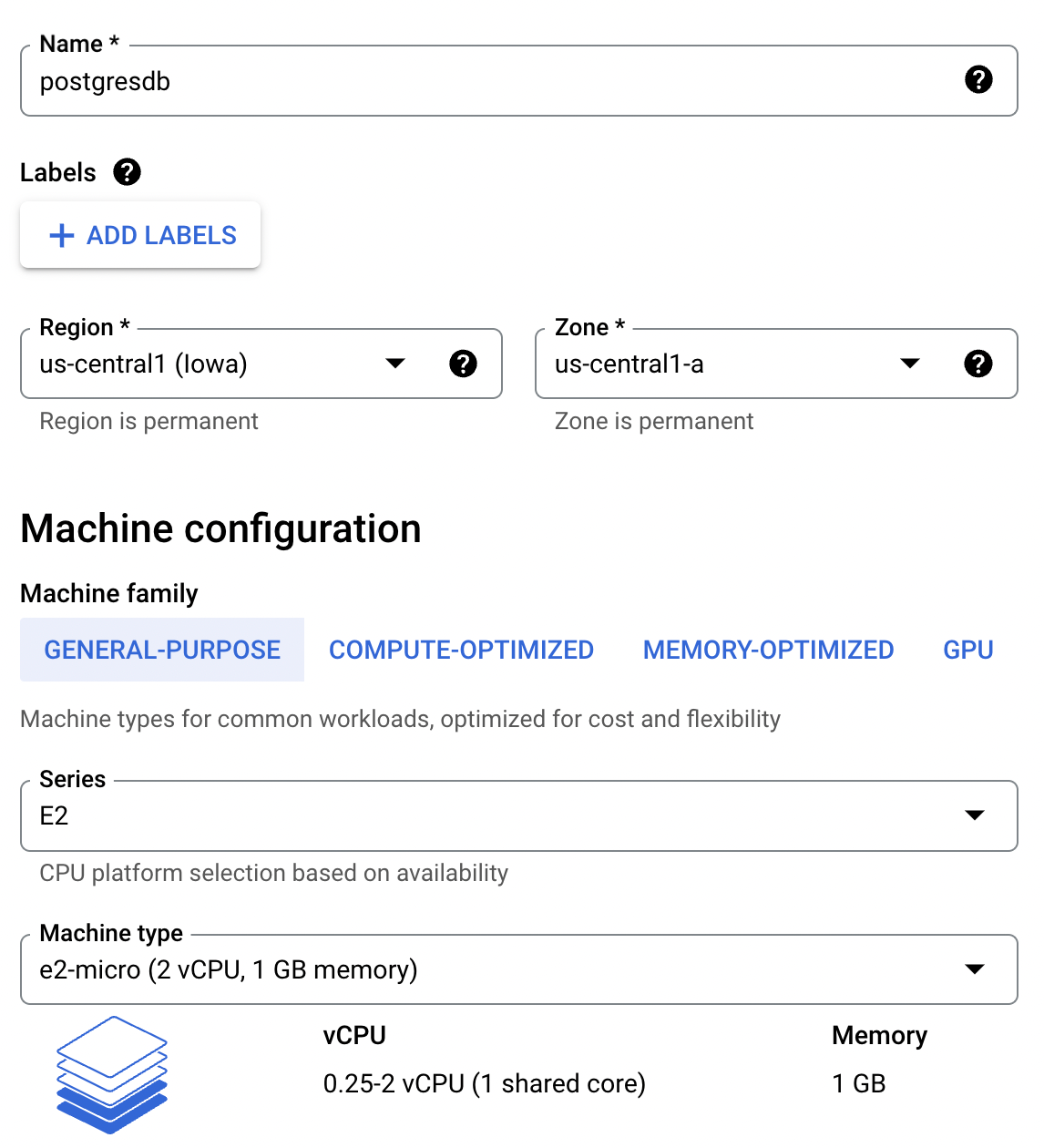 Virtual Machine settings for Name, Region, Series and Machine Type