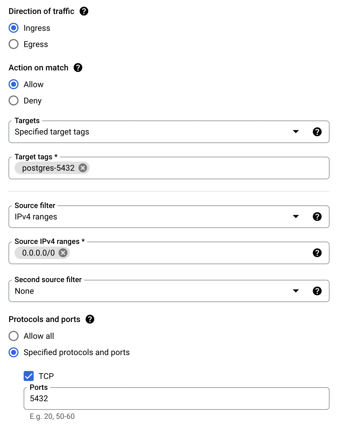 Rest of the firewall settings, Direction, Match, Targets, IP Range, and Ports