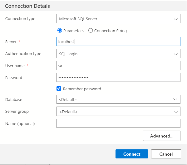 Connection details for the SQL Server