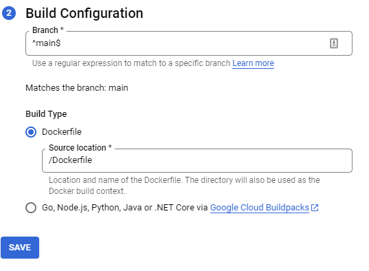 Branch and Docker details for Cloud Build