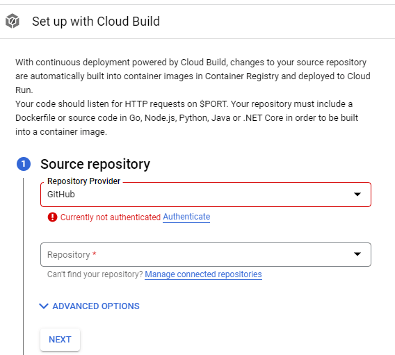 Repo settings for Cloud Build