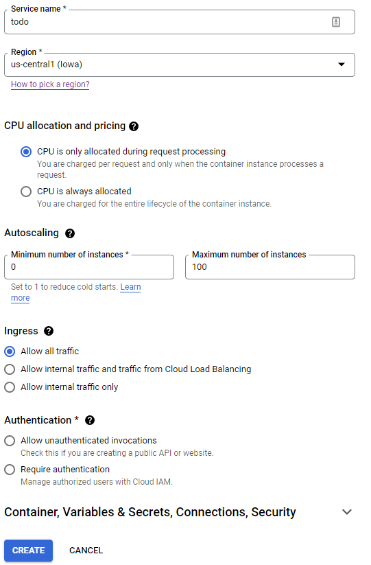Name, CPU allocation, and Autoscaling for the Cloud Run container.